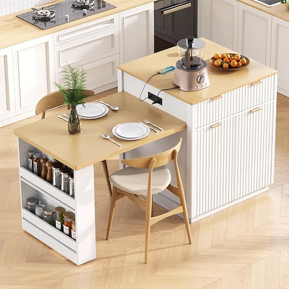 Modern Fluted Kitchen Island with Extendable Dining Table for 4-6, Double-Sided Storage Island Cabinet with Power Outlet, 2 Drawers & 2 Open Shelves, White