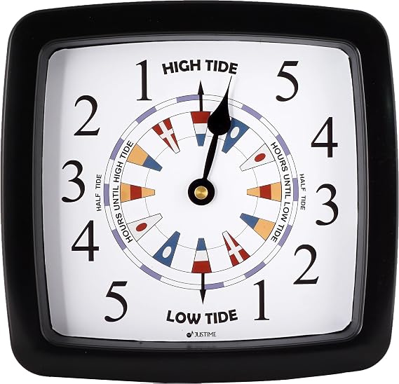 JUSTIME 8.5 Inch Atlantic Tide Clock for East Coast, High Tide Low Tide Clock with Plastic Water Resistant Case, Colorful Graphics Designed Home Wall Decor (TT420BK Flag Black) | Water-resistant Plastic case, Colorful Nautical Graphics, Coastal Home Wall Decor