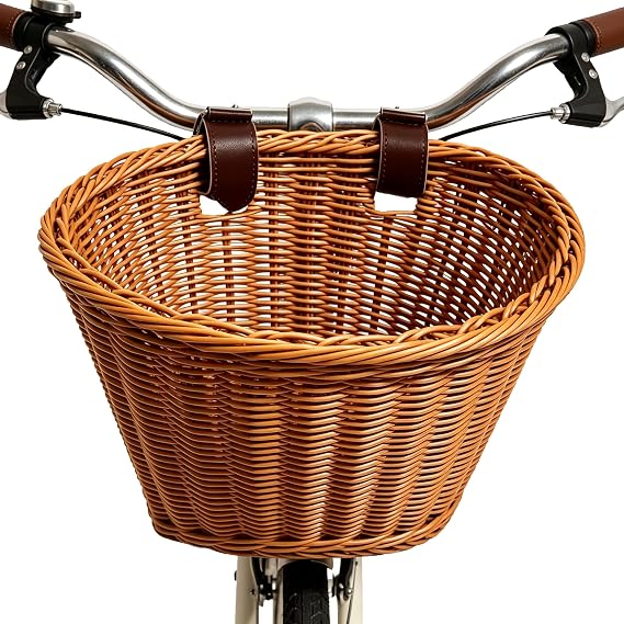 Bike Basket, Front Handlebar Storage Basket with Adjustable Leather Straps, Bicycle Accessories, Hand Woven, Waterproof (Brown(11 * 8.5 * 8 in)