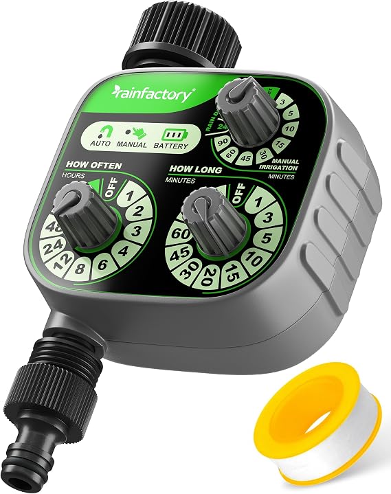rainfactory Irrigation Timer – intuitive 3-dial garden water timer for automatic & manual watering with rain delay – water-saving for garden, lawn & balcony