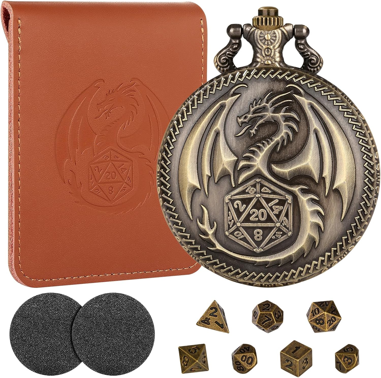 Mini D&D Dice Set with Bronze Steampunk Dragon Pocket Watch Shell Case, DND Gifts with Dice Bag, 7pcs Polyhedral Metal D&D Dice Set, DND Starter Set, Role Playing Board Games Accessories