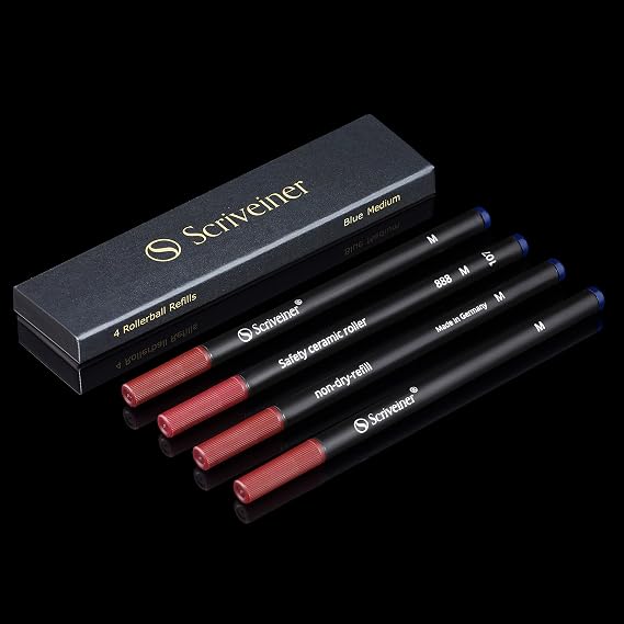 Scriveiner Rollerball Refill Blue Medium - 4 Rollerball Refills Designed for Scriveiner Pens - Safety Ceramic Non Dry Roller Pen Refill M - Schmidt 888 Size Made in Germany