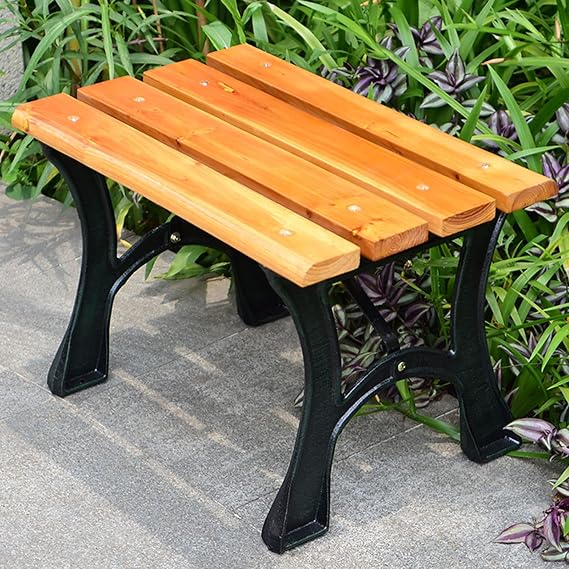 Outdoor Garden Bench Patio Furniture Chair, Front Porch Benchwith Cast Iron & Hardwood Structure, Dining Seating Backless Bench, Slatted Seat for Park/Lawn/Lounge/School