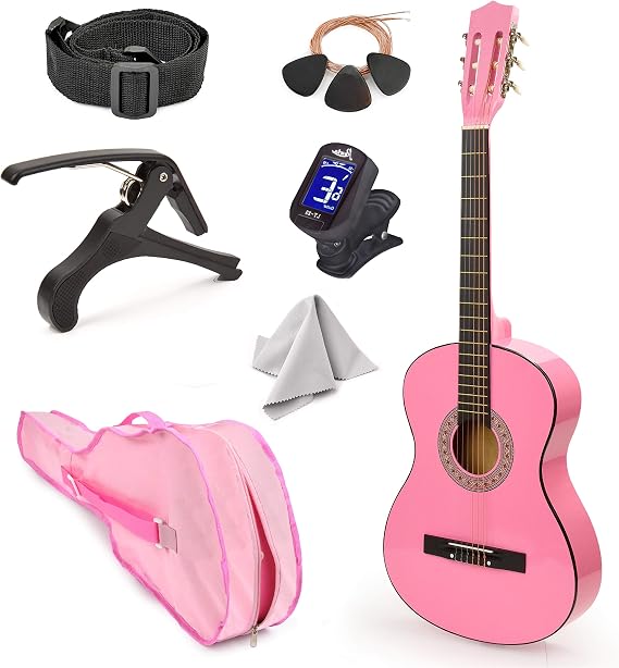 NEW! 30" Left Handed Pink Wood Guitar With Case and Accessories for Kids/Girls/Beginners (Pink)