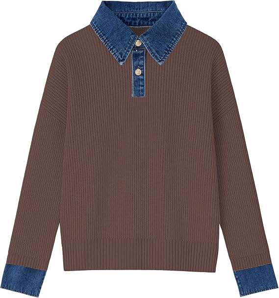 Womens Sweaters Long Sleeve Denim Lapel V Neck Buttons Closure Pullover Tops Casual Winter Polo Sweater