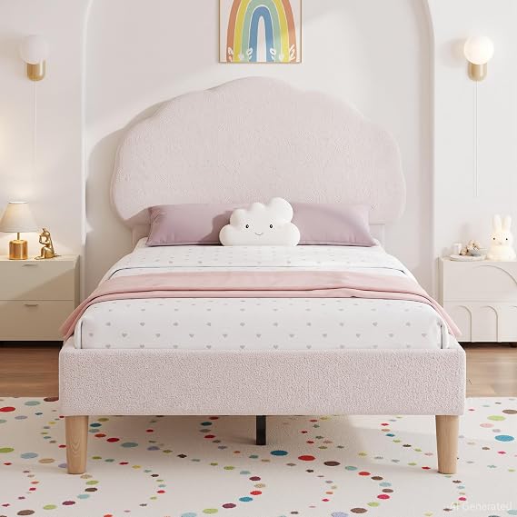 VECELO Twin Size Bed Frame, Upholstered Platform Bedframe with Height Adjustable Plush Fabric Headboard, No Box Spring Needed, Beige