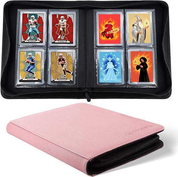 WITHYU Top Loader Binder - Holds 128 Toploaders, 4 Pocket 16 Side-Loading Pages, Zip Trading Card Binder for TCG, MTG, Football & Sports Cards (Pink)