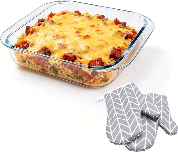 Glass Baking Dish - 2.4Qt Square 9x9 Baking Pan - Baking Pan With Oven Mitts - Glass Baking Dishes For Oven