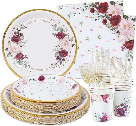 Burgundy Pink floral plates and napkins set for birthday, bachelorette, wedding, bridal shower, mother's day parties (Burgundy)