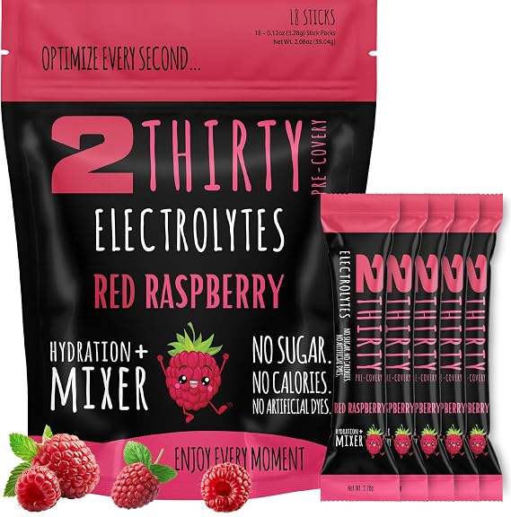 2THIRTY Mocktail Mixer + Hydration Powder Zero Sugar Electrolyte Drink Mix Packets | 5-in-1 Wellness Complex with B12, L-Theanine & Antioxidants | Non-Alcoholic Drink Mix | Raspberry, 18 Sticks