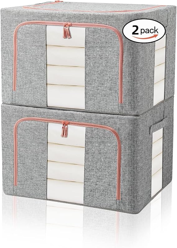 Closet Organizers and Storage, Foldable Oxford Cloth Steel Frame Box,2 Pack,Clear Window & Carry Handles, Waterproof, can Hold Large-capacity Clothes, Bedding, Blankets, Grey (100L)
