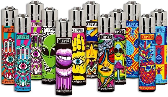Clipper - Classic Large Reusable Lighter - Iconic Premium Refillable Lighters Bulk Pack - Replace Butane, Flint, and Spark Wheel for Unlimited Lights - 12 Pack - Assorted Designs