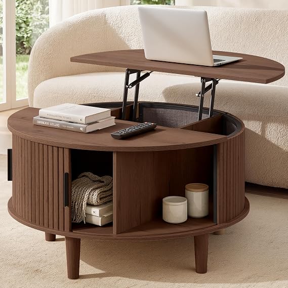 VASAGLE Round Coffee Table, Lift Top Coffee Table with Tambour Sliding Door