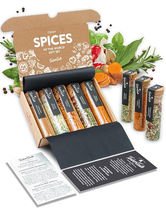 TIMBER TASTE World Spice Sampler for Her - 5 Exotic Gourmet Blends Chimichurri Chakalaka Paella Tandoori Tzatziki | Womens Mens Spicy Gifts Foodie Cooking Kit | Gourmet Basket - Birthday Gift for Her