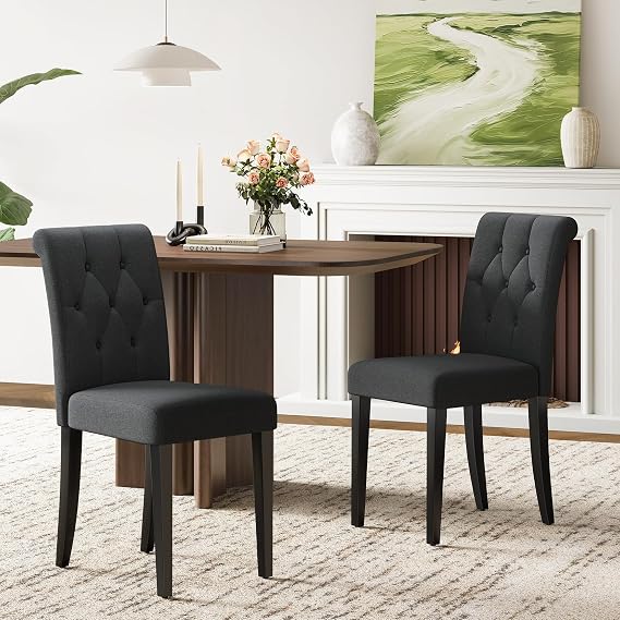 Welzona Upholstered Dining Chairs Set of 2, Button Tufted Parsons Dining Chair with Solid Wood Legs, Modern Fabric Side Chair for Dining Room/Kitchen/Restaurant/Hotel- Black