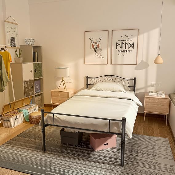 VECELO Single Size Bed Frame, Easy Assembly Metal Mattress Foundation with-Headboard & Footboard No Box Spring Needed and 35cm Storage