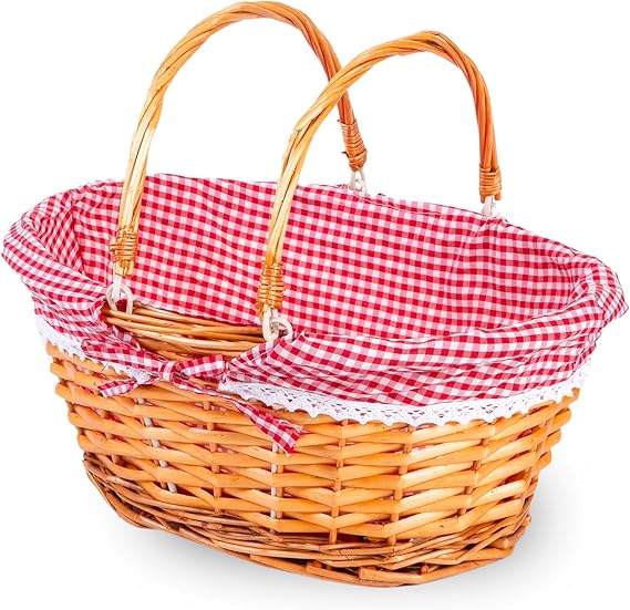 ADEPTNA Lightweight Wicker Shopping Basket with Foldable Handles – Handwoven Willow Hamper with Red Gingham Cotton Liner – Gift, Picnic, Easter, Toy, Garden, Storage Basket (SMALL)