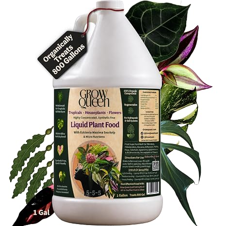 Organic Liquid Indoor Plant Food, Houseplant, Tropical & All-Purpose Indoor Plant Fertilizer, Organic Liquid Fertilizer 5-5-5 with Sea Kelp 1 Gallon Treats 800 Gallon of Water