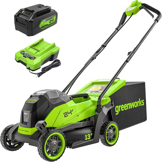Greenworks 24V 13in Push Lawn Mower, 4.0 Ah Battery and Charger