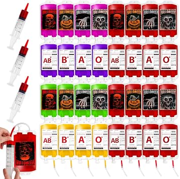 MGparty 48 Packs Halloween Blood Bags for Drink Halloween Party Decoration Drink Pouches Juice Containers for Zombie Vampire Theme Party Props (48pcs Bags, 48 Clips, 3 Syringes)