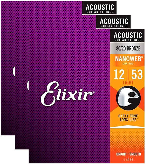 Elixir 80/20 Bronze Nanoweb 11052 Light 12-53 Acoustic Guitar Strings 3-Pack w/Bonus Elixir Pick