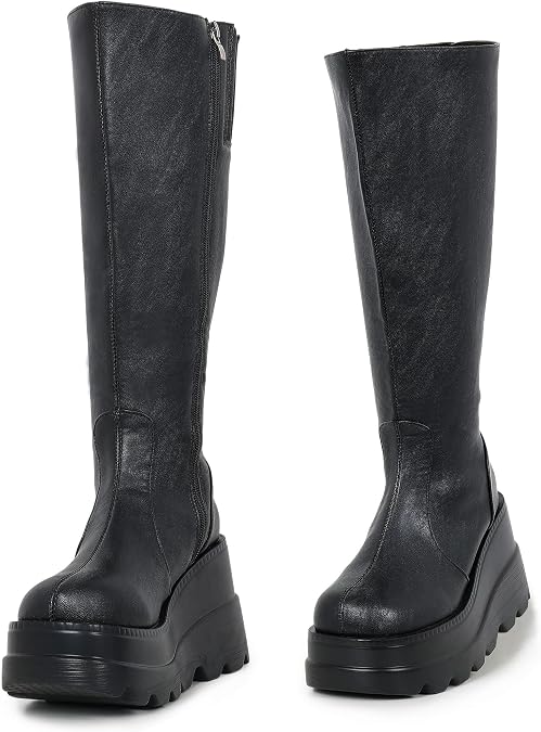 Gothniero High Platform Knee Boots Chunky Heel Wedge Black Boots For Women Combat Goth Punk Motorcycle Booties Zip up With Metal Buckles Size5-11