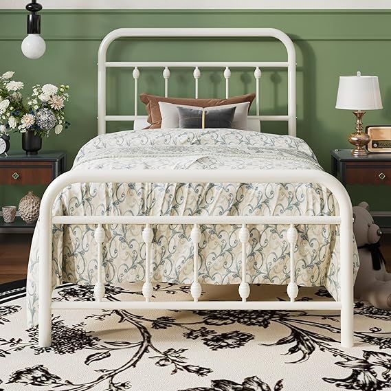 SHA CERLIN Twin Metal Bed Frame with Victorian Iron-Art Headboard, Cream