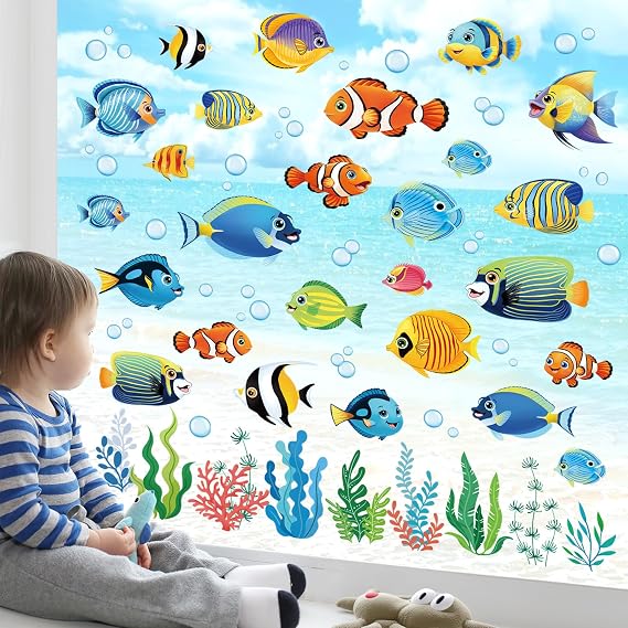 decalmile Window Clings Under The Sea Fish Ocean Reusable Windows Decals