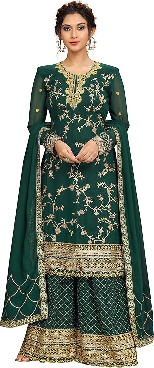 TRENDMALLS Women's Georgette Embroidery Work Kurta Palazzo With Dupatta Set