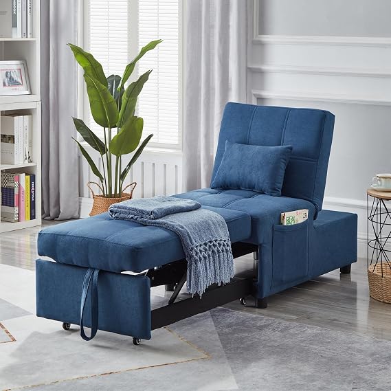 Sleeper Chair, 3-1 Convertible Chair Bed Pull Out Single Sofa Bed with Adjustable Backrest, 1 Pillows, Side Pocket, Living Room Bed Room Furniture, for Space Saving, Apartment, Office (Blue)