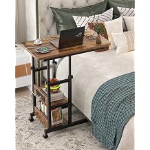 Besiost Adjustable Height Side Table with Charging Station, C-Shaped Mobile Laptop Side Table with Wheels, Sofa Side Table Rustic Brown
