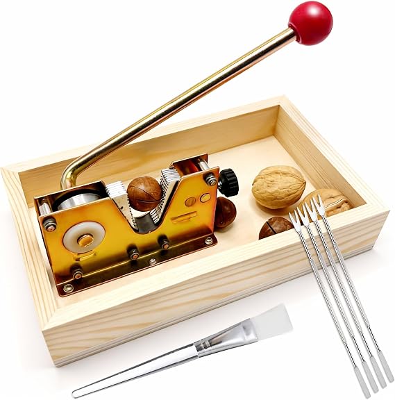 Heavy Duty Nut Cracker Tool, 6 Pcs NutCracker Tool Set | For Pecans, Walnuts, Macadamia & Hazelnuts, Nut Crackers for All Nuts, Includes 4 Picks, 1 Cleaning Brush & Wooden Base