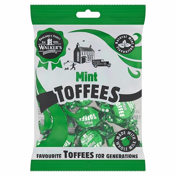 Walkers Nonsuch British Mint Toffee Candy 5.29 Oz (150g) - Natural Mint Flavor, Whole Milk Toffee, Individually Wrapped Chewy Candy Pack, Classic English Sweets, Imported UK