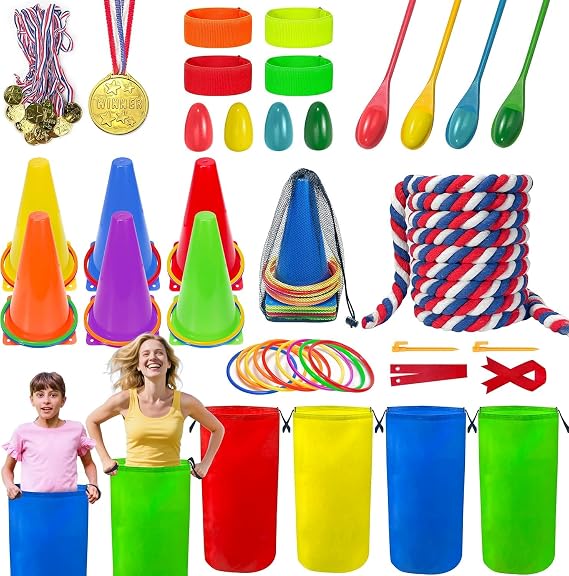 Field Day Games Outdoor Activities Carnival Games for Kids Adult Family, Tug of War Rope Potato Sack Bags for Kids Adults, Sports Day Games For Yard Games Indoor Outdoor for Carnival Games Combo Set