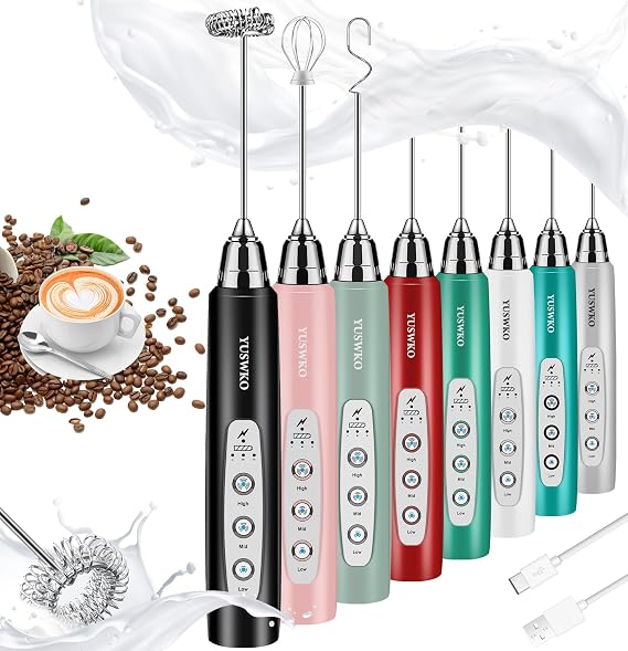 YUSWKO Milk Frother Handheld with 3 Heads, Electric Whisk Drink Foam Mixer with USB Rechargeable 3 Speeds, Mini Frother for Coffee Latte, Cappuccino, Hot Chocolate, Egg