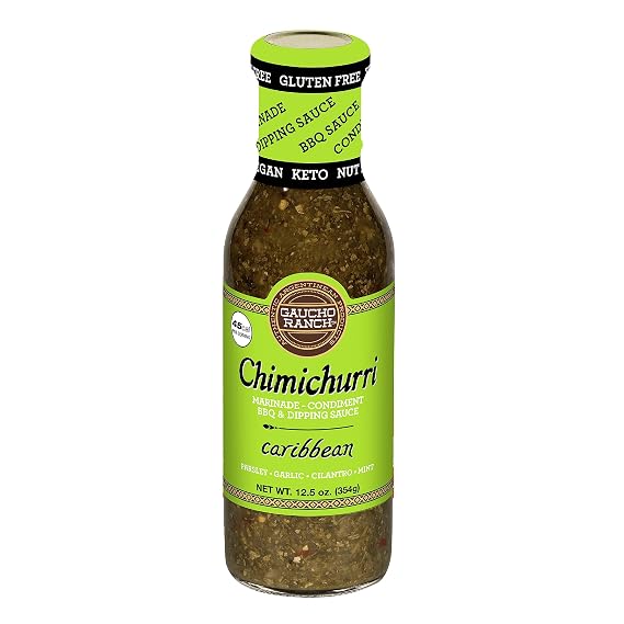 Gaucho Ranch Caribbean Steak Sauce | Gourmet Chimichurri Adobo with Parsley, Garlic, Cilantro & Mint | Vegan, Gluten-Free, Keto, No Preservatives | Ideal as BBQ Marinade, Grilling & Dipping Sauce & Meat Topping for Steak, Chicken & Vegetables | 12.5oz