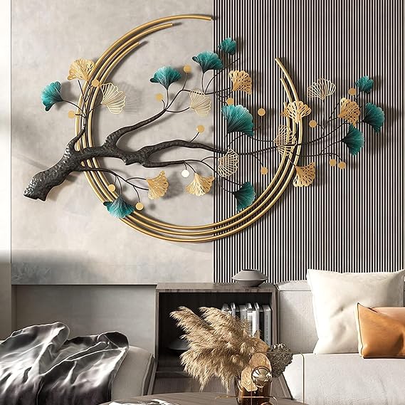 Ainydie 3D Metal Wall Art Decor, Creative Handmade Large Ginkgo Leaves Wall Hanging Art Sculpture, Nature Art Decor for Home Hotel Bedroom Living Room Kitchen,110x68cm