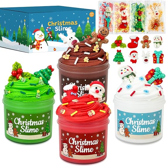 Christmas Slime Stocking Stuffers for Kids 4 Pack, Funny Xmas Toys Gifts Party Favors Supplies for Toddler Boys Girls, Holiday Classroom Game Prizes Basket Goodie Treat Bag Fillers Stuff for Teens