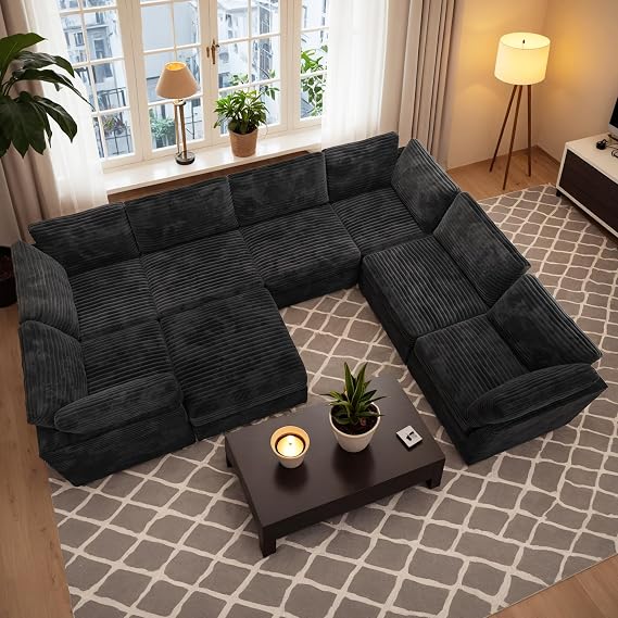 Luxury Modular Sectional Sofa - Oversized U Shaped Cloud Couch for Living Room, Deep Seat Upholstered Convertible Sleeper Sofa Couch with Chaise Ottoman, Plush Corduroy, Black
