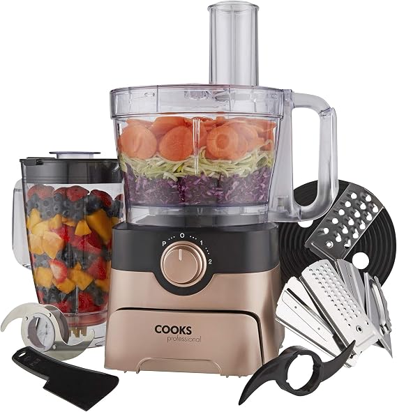 Cooks Professional Food Processor 1000W with 7 Blades, 2L Mixing Bowl & 1.8L Blender Jug | Multifunction Kitchen Chopper & Blender Tool for Chopping Slicing Grating Kneading Blending | Black/Rose Gold
