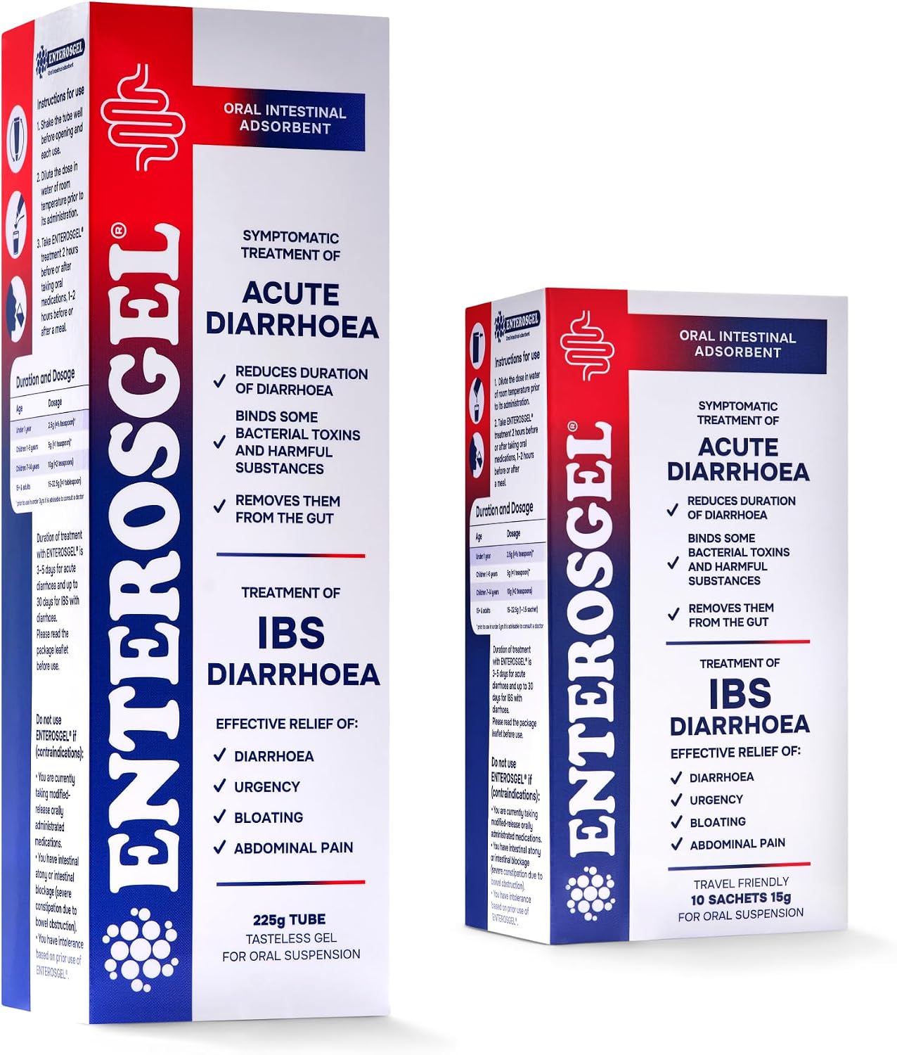 Enterosgel IBS Relief Gel Starter Kit - Oral Intestinal Adsorbent for Acute Diarrhoea & Stomach Pain Relief, Bloating Relief & Trapped Wind Relief - 1 Tube of 225 g  10x15 g Sachets