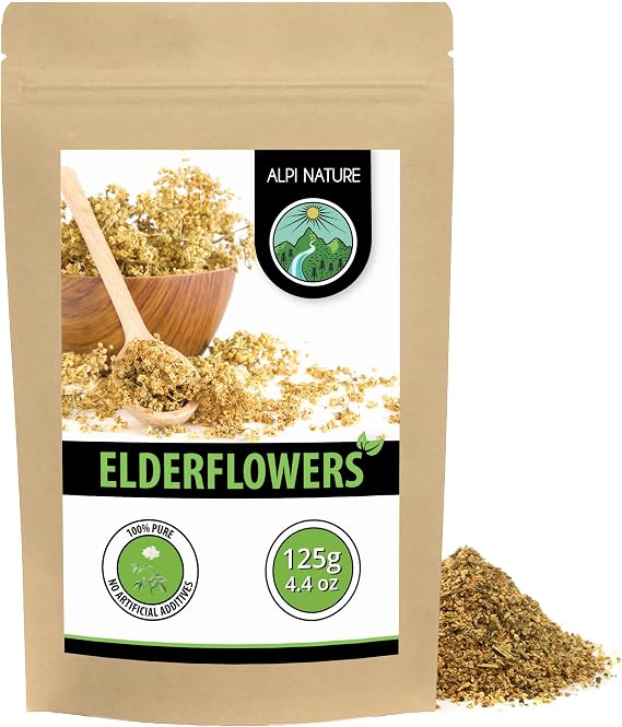 Alpi Nature Elderflower Tea 125g 4.4 oz, Dried and Rubbed Elderflowers, Loose Herbal Tea