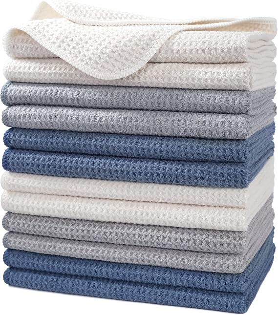 POLYTE 340 GSM Microfiber Waffle Kitchen Dish Tea Towel, 16x28 in, 12 Pack