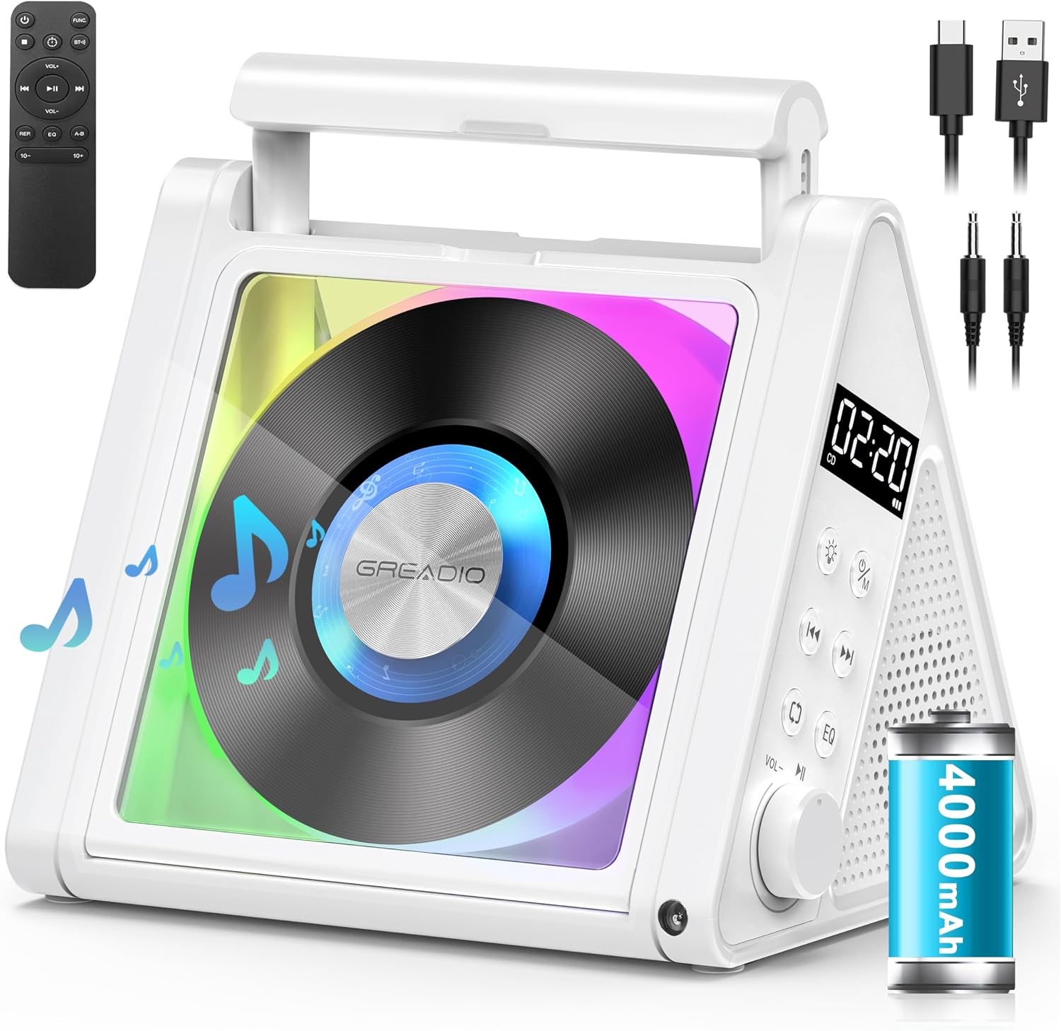 Greadio Portable CD Players for Home, 2  10W HIFI System, 4000mAh Rechargeable CD Player with Bluetooth 5.3, FM Radio, USB, AUX, Remote Control,RGB Coloured Lights, Home Audio CD-Player White