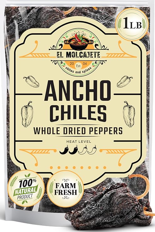Dried Ancho Chiles 16oz Whole Mild Mexican Chili Peppers for Mole Sauce | Sweet smoky dried poblano. Rehydrate for birria, enchiladas, tamales & stews. Bulk bag, all natural. Resealable.
