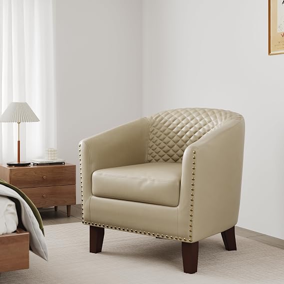 Faux Leather Barrel Accent Chair with Nailhead, Cream Beige, Set of 1