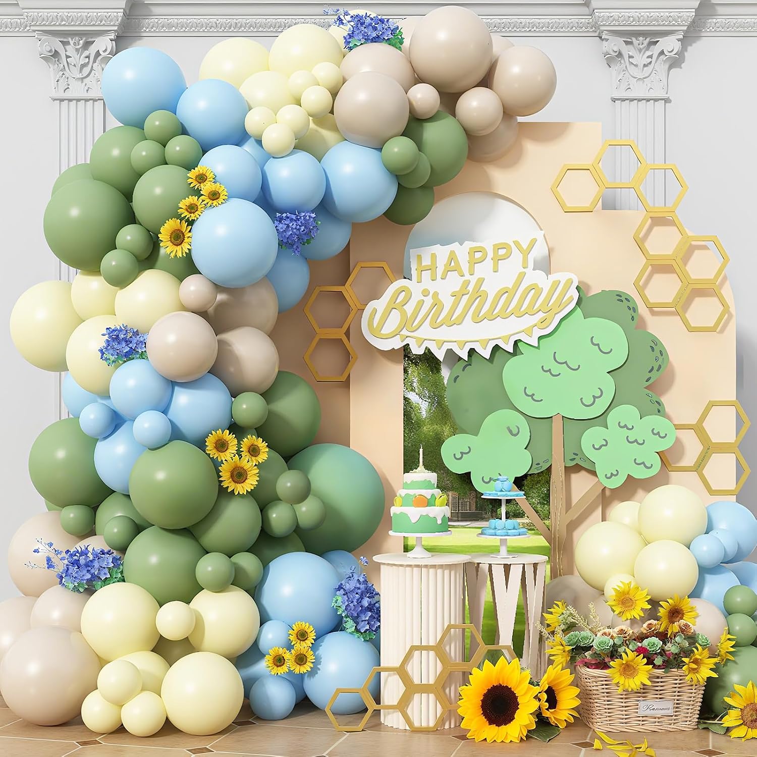 Green Blue Yellow Balloons Arch Dusty Blue Sage Green Beige Balloons Garland Kids Birthday Party Decorations Pastel Blue Yellow Olive White Latex Helium Balloon Bear Baby Shower