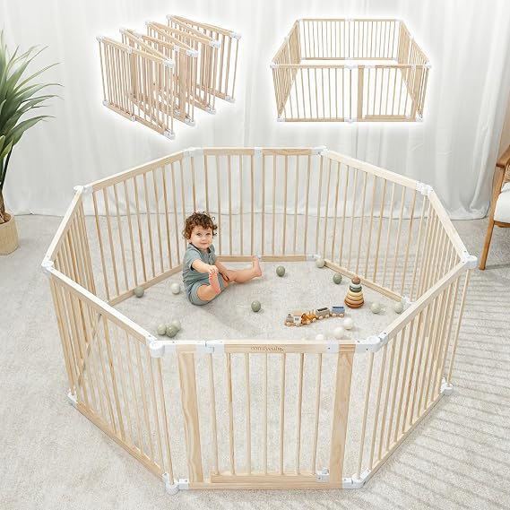 Comfy Cubs Baby Gate Playpen 57x57x25in - Foldable Playpen Light Wood White | Extends Up to 228, Natural Pine Wood Baby Fence Play Area with Safe Child-Proof Lock - Easy Assembly, Foldable Baby Playpen