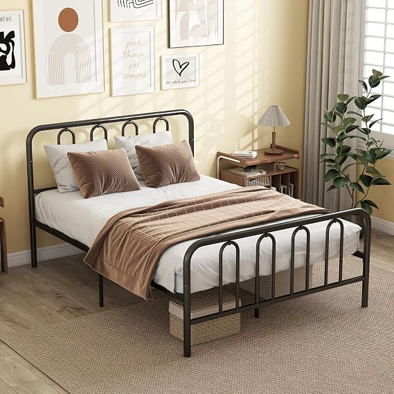 GOFLAME Full Size Metal Bed Frame with Headboard, Platform Bed with Metal Slats Support, Heavy-Duty Mattress Foundation, Under-Bed Storage Space, No Box Spring Needed, Noise Free, Black