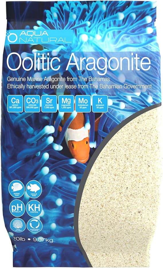 Aqua Natural Aquarium Sand, Oolitic Aragonite, 20lb | Reef, Saltwater, Marine and Cichlid Tanks